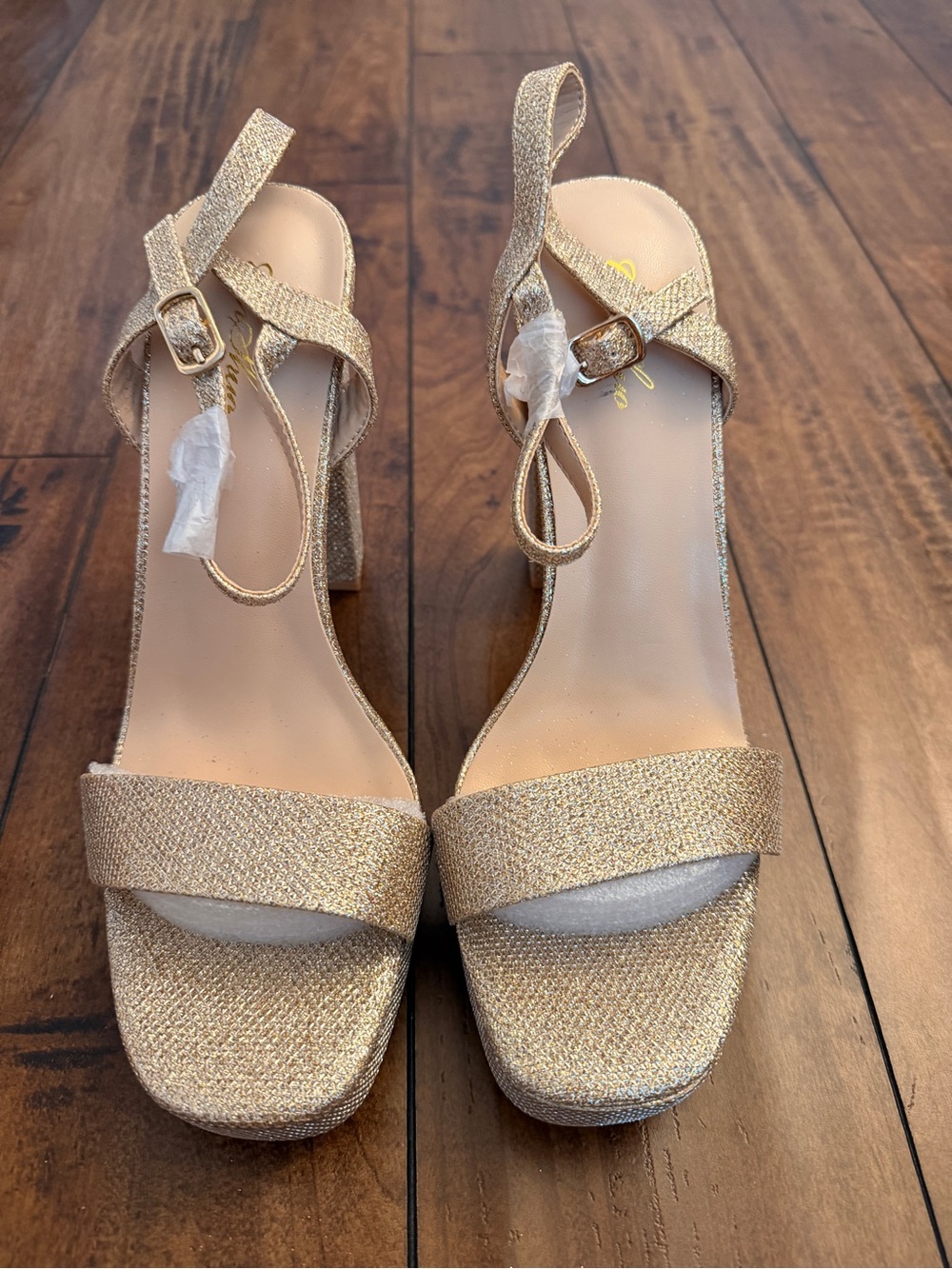 Women’s Metallic Gold Block Heel Sandals with Ankle Strap